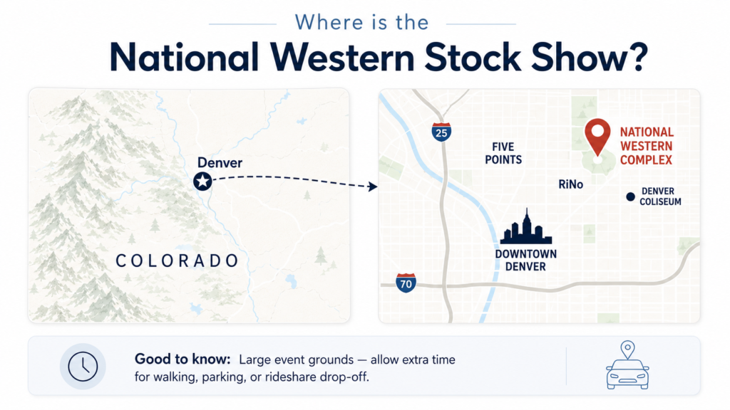 Map showing the location of the national western stock show in denver near rino, downtown denver, and the national western complex.